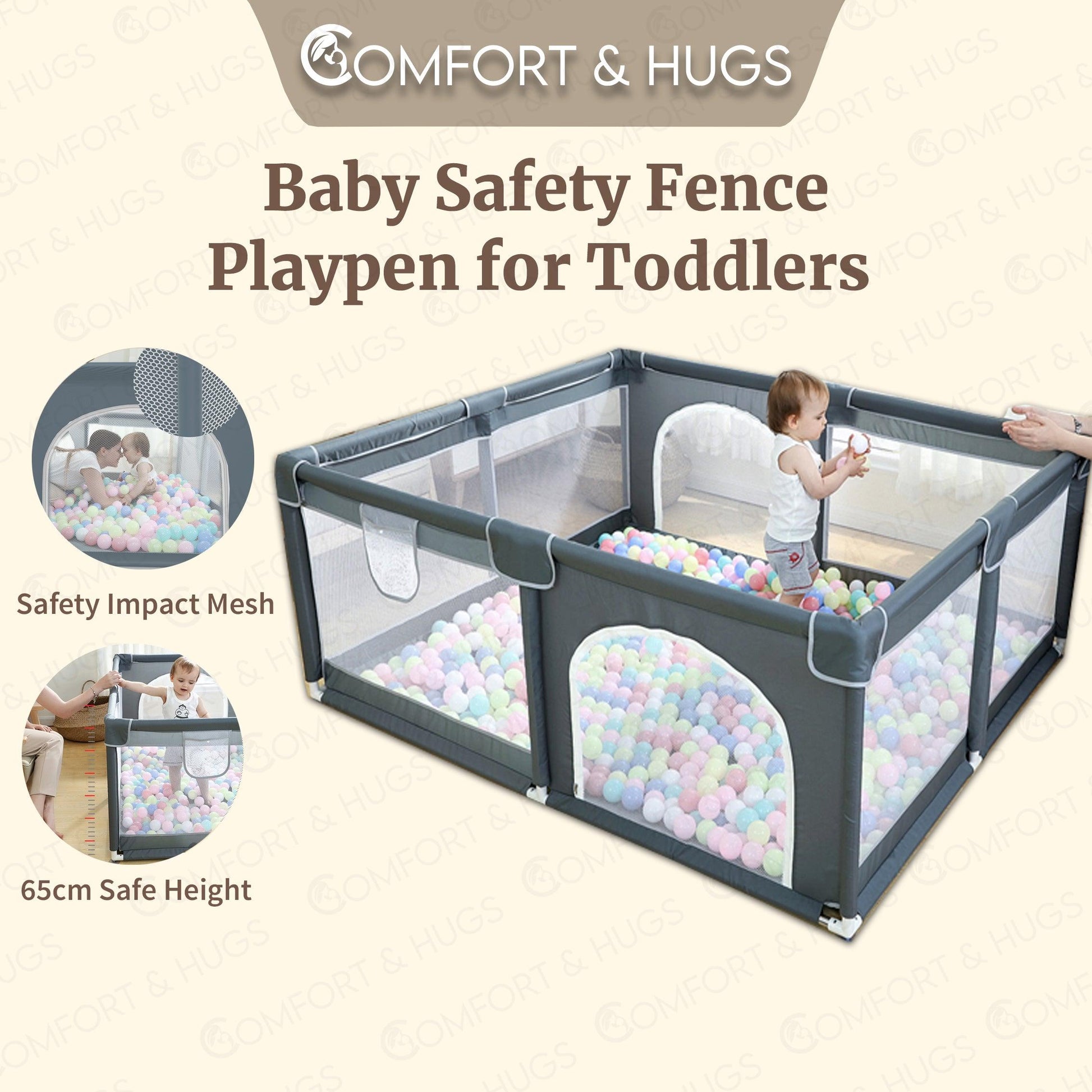 Baby Safety Fence Playpen For Toddlers Play Yard Playpen for Babies and Toddlers with Ocean Balls, Indoor & Outdoor Safety Baby Activity Center with Breathable Mesh, Anti-Slip Suckers and Zipper Gate Comfort & Hugs - Comfort & Hugs