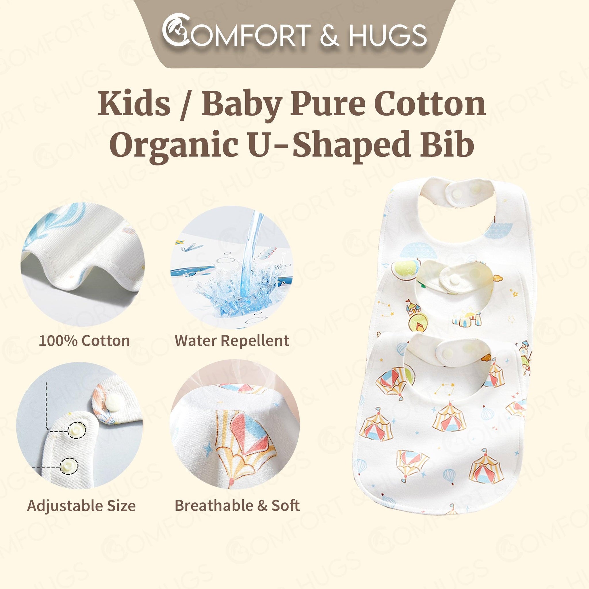 Kids/ Baby's Pure Cotton Organic U-shaped Bib Baby Bibs for Drooling and Teething, Absorbent Drool Bibs for Baby Girl and Boy, Adjustable to Fit Newborns to Toddlers Comfort & Hugs - Comfort & Hugs