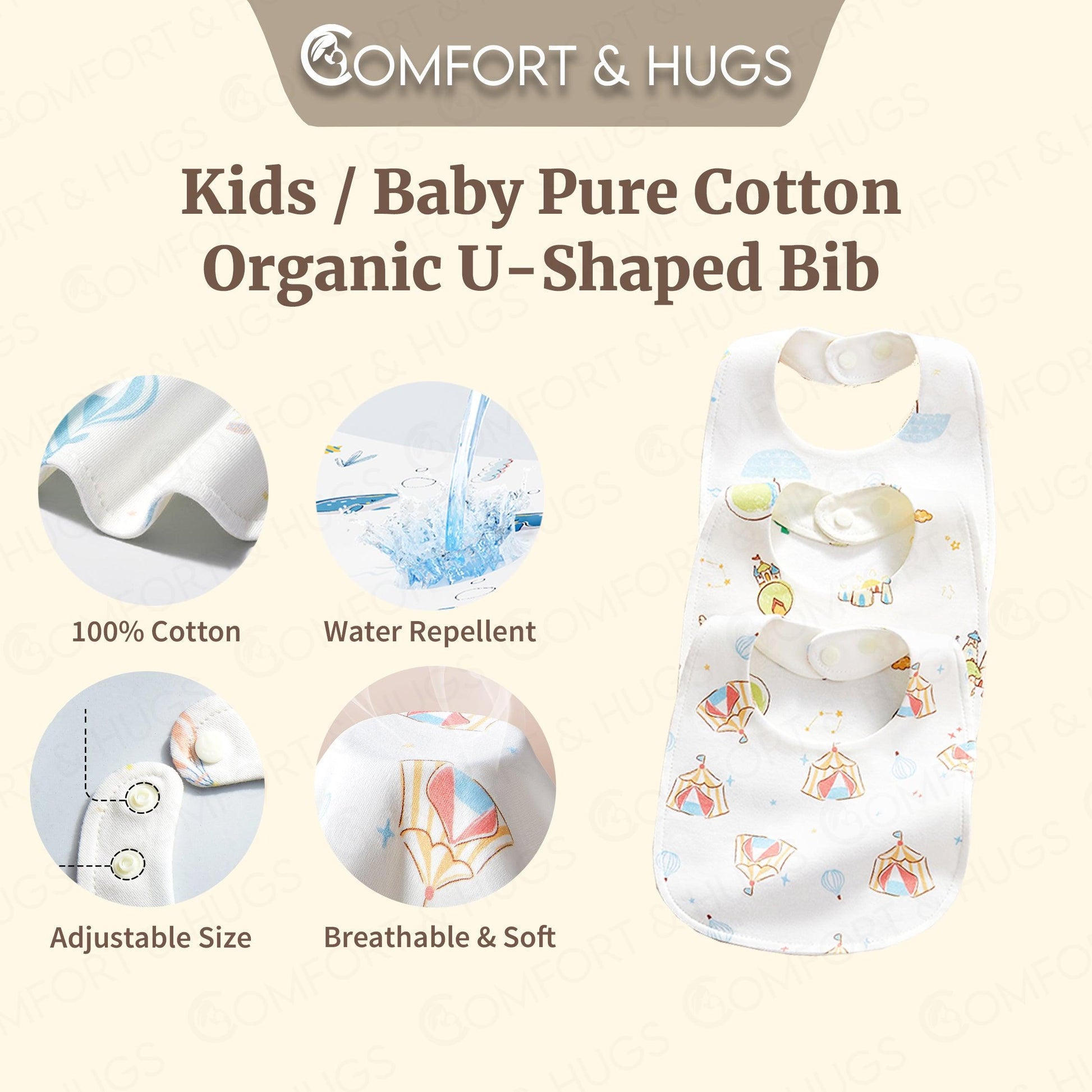 Kids/ Baby's Pure Cotton Organic U-shaped Bib Baby Bibs for Drooling and Teething, Absorbent Drool Bibs for Baby Girl and Boy, Adjustable to Fit Newborns to Toddlers Comfort & Hugs - Comfort & Hugs