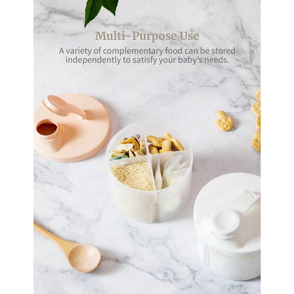 Portable Reusable Snack Cups with 4 Compartments Formula Dispenser – Newborn Milk Powder and Baby Food Organizer Storage Box Comfort & Hugs - Comfort & Hugs