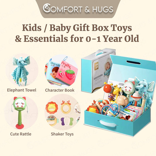 Newborn Baby Gift Box: Toys & Essentials for 0-1 Year Old, Ideal for Baby Showers, Full Moon Celebrations Comfort & Hugs - Comfort & Hugs