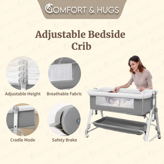 Baby Bedside Crib Adjustable Height Portable Crib with Wheels, Airflow Mesh 4-Position Height Adjustment Mosquito Net Storage Basket Easy to Assemble Newborn/Infant 3-in-1 Bedside Bassinet Rocking Bassinet Easy Folding Baby Crib Comfort and Hugs - Comfort & Hugs