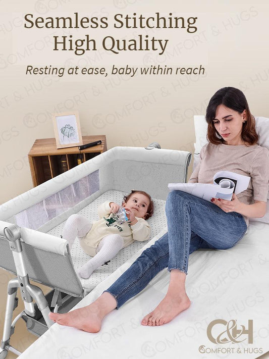 Baby Bedside Crib Adjustable Height Portable Crib with Wheels, Airflow Mesh 4-Position Height Adjustment Mosquito Net Storage Basket Easy to Assemble Newborn/Infant 3-in-1 Bedside Bassinet Rocking Bassinet Easy Folding Baby Crib Comfort and Hugs - Comfort & Hugs
