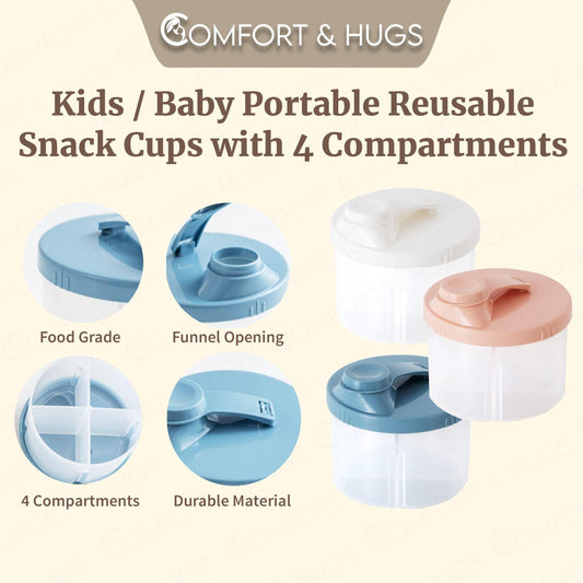 Portable Reusable Snack Cups with 4 Compartments Formula Dispenser – Newborn Milk Powder and Baby Food Organizer Storage Box Comfort & Hugs - Comfort & Hugs