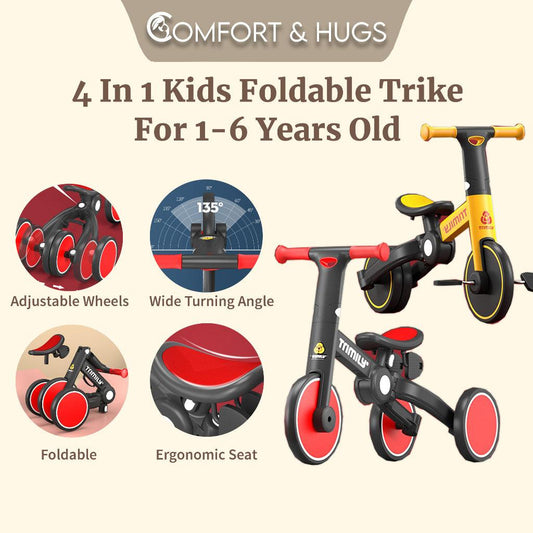 Children Tricycle, 5-in-1 Portable Easy To Carry Removable Pedals Tricycle Two Wheel Balance Bike Trike Comfort & Hugs - Comfort & Hugs