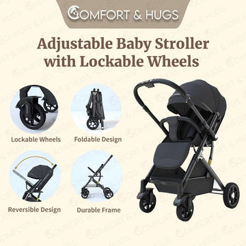 Baby Stroller with Breathable Sun Roof Reversible Foldable Storage Removable Handle Lockable Wheels Comfort & Hugs - Comfort & Hugs