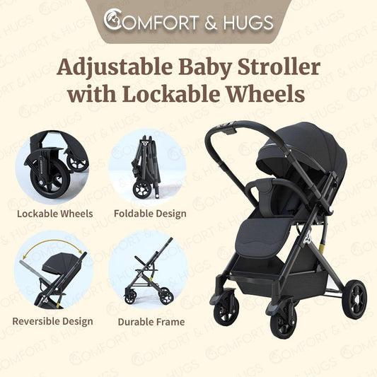 Baby Stroller with Breathable Sun Roof Reversible Foldable Storage Removable Handle Lockable Wheels Comfort & Hugs - Comfort & Hugs