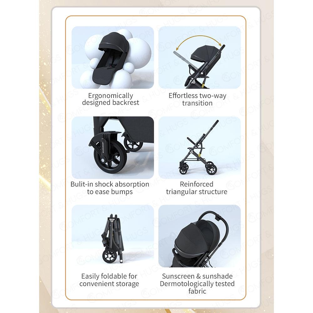 Baby Stroller with Breathable Sun Roof Reversible Foldable Storage Removable Handle Lockable Wheels Comfort & Hugs - Comfort & Hugs