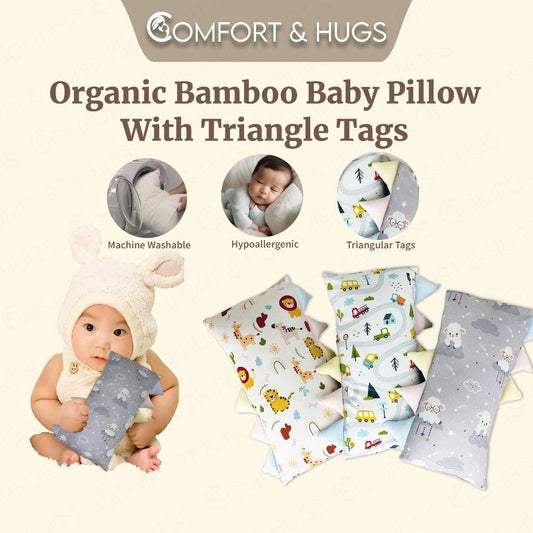Comfort & Hugs Bed Time Buddy Organic Bamboo Hypoallergenic Baby Pillow With Triangular Tag - Comfort & Hugs